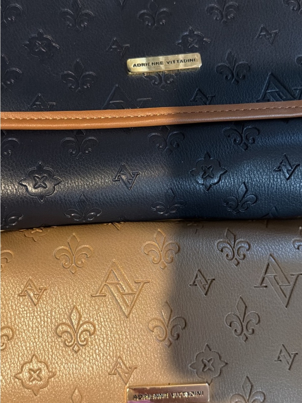 Adrienne Vittadini Black and Tan Embossed Leather Crossbody Wallet
